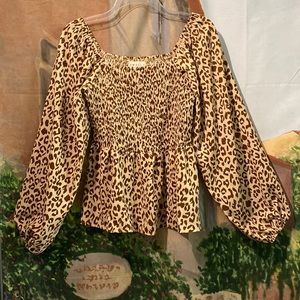 Amoli leopard print off the shoulder balloon sleeve top